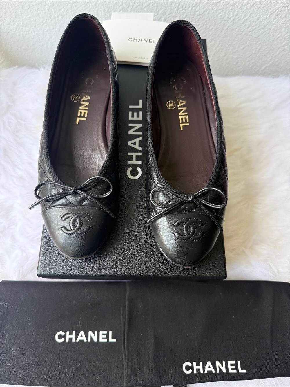 Authentic CHANEL Black Quilted Leather CC Cap-Toe Bow Ballet Flats